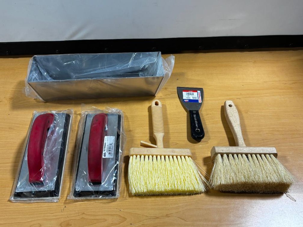 New Drywall and Tradesman Tools, Galvanized Tray, Two Brushes, Two Trowels and Putty Knife / Scraper