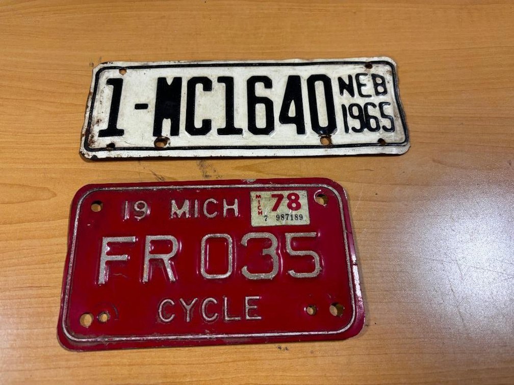 Vintage Nebraska and Michigan Motorcycle License Plates, 1965 Nebraska, 1970's Michigan, Both Embossed