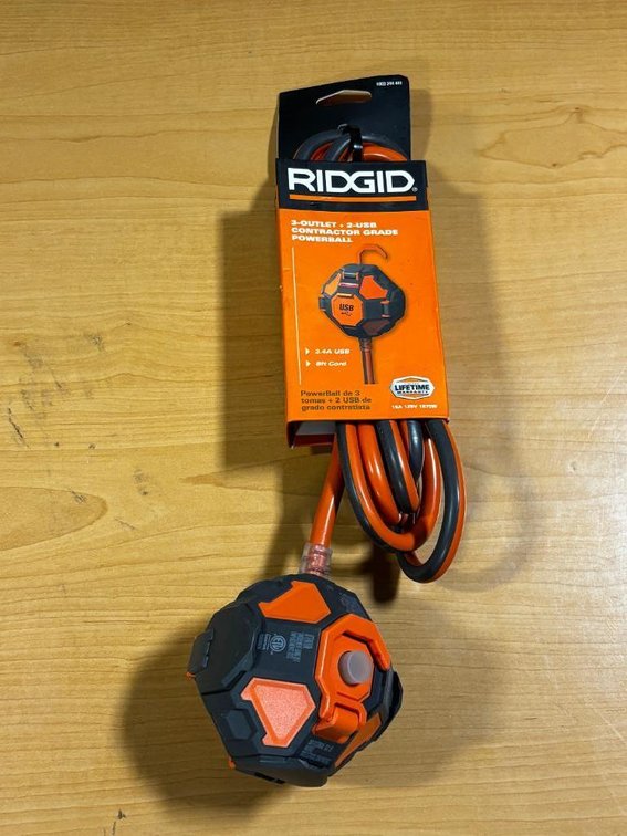 Ridgid 3-Outlet + 2 USB Contractor Grade Powerball - 8ft Extension Cord