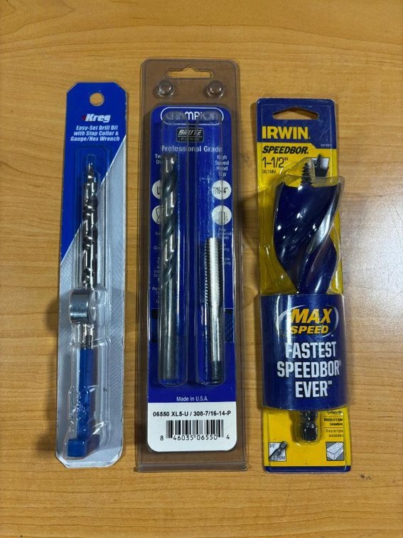 Lot of 3 New Drill Bits, Kreg Easy-Set Drill Bit, Champion Drill Bit & Tap, Irwin 1-1/2in SpeedBor Bit