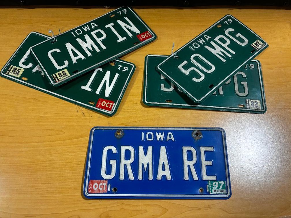 Vintage Iowa Vanity License Plates, 2 Sets and 1 Individual, Campin, 50 MPG, GRMA RE, 1979