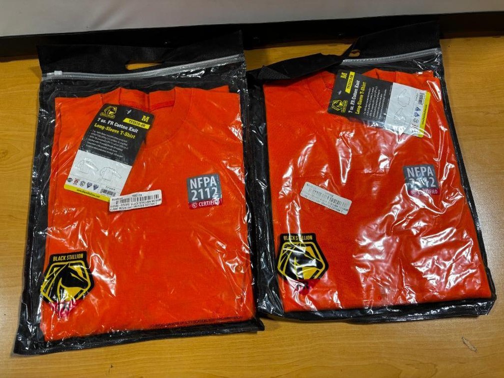 Lot of 2, Black Stallion, 7oz Fire Resistant Cotton Knit Long-Sleeve Safety T-Shirts, Size Medium, Fluorescent Orange