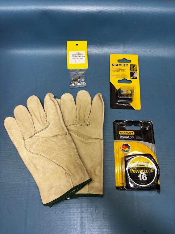 New Tools and Work Gear, New Leather Work Gloves, New Stanley 16ft Tape Measure, Stud Finder & Bit Tips