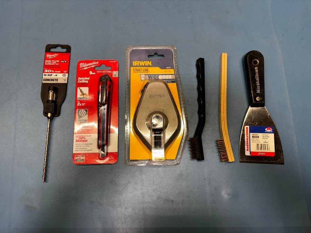 New Tools: Milwaukee Concrete Bit, Razor Blade Knife, Irwin Chalk Line, 2 Brushes, Marshalltown Scraper