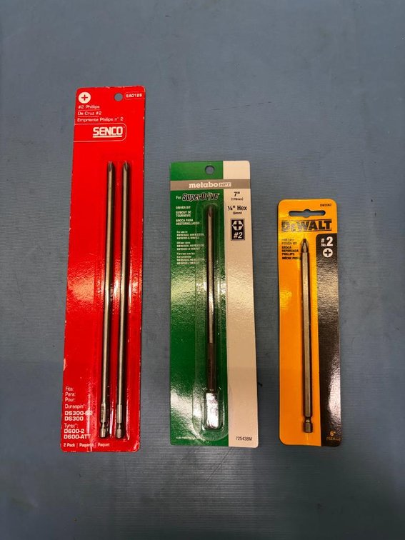 Lot of 3, New, Long Screwdriver Bits, Phillips Bits, Long, Senco, Metabo and DeWalt