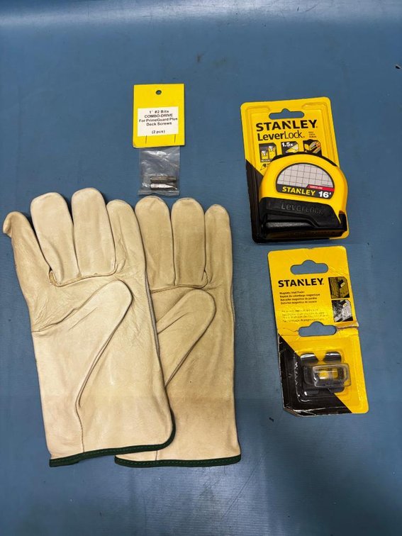 New Leather Work Gloves, Stud Finder, Stanley 16ft Tape Measure, New Screwdriver Bit Tips
