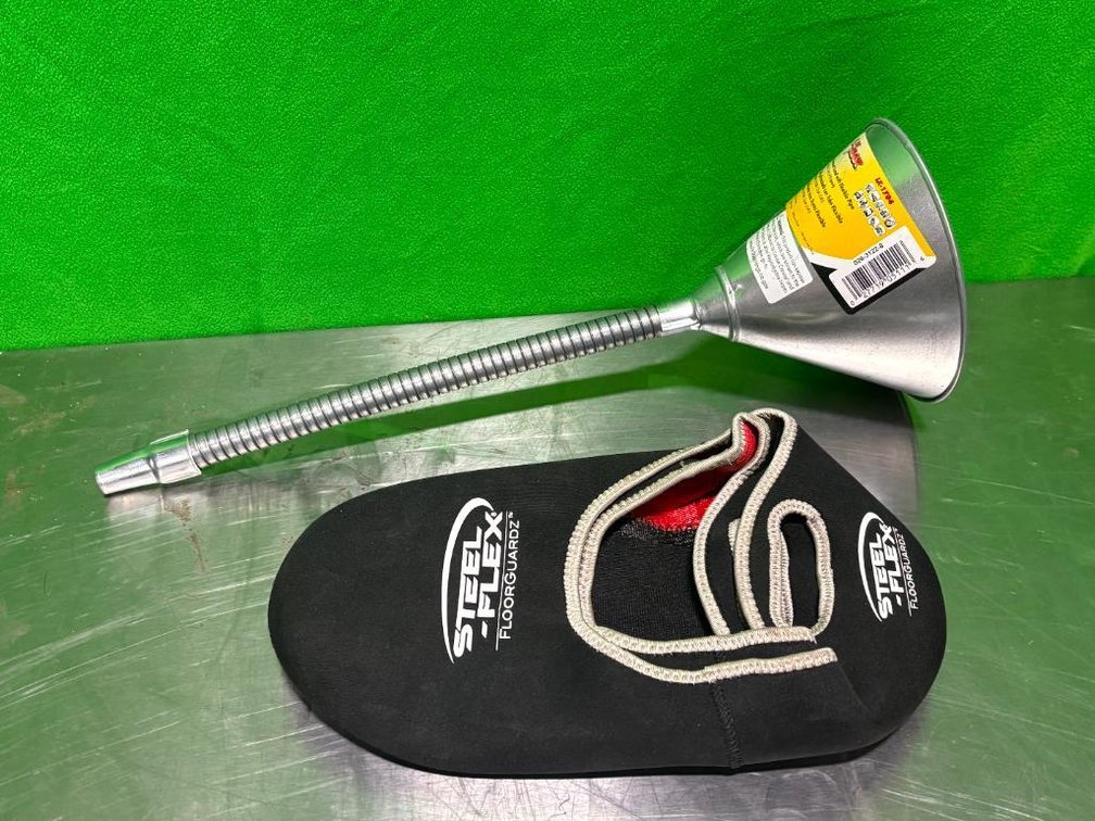 New, LuMax LX-1704 Galvanized Funnel w/ Flexible Pipe and Set of Steel-Flex Floor Guardz Shoe Covers