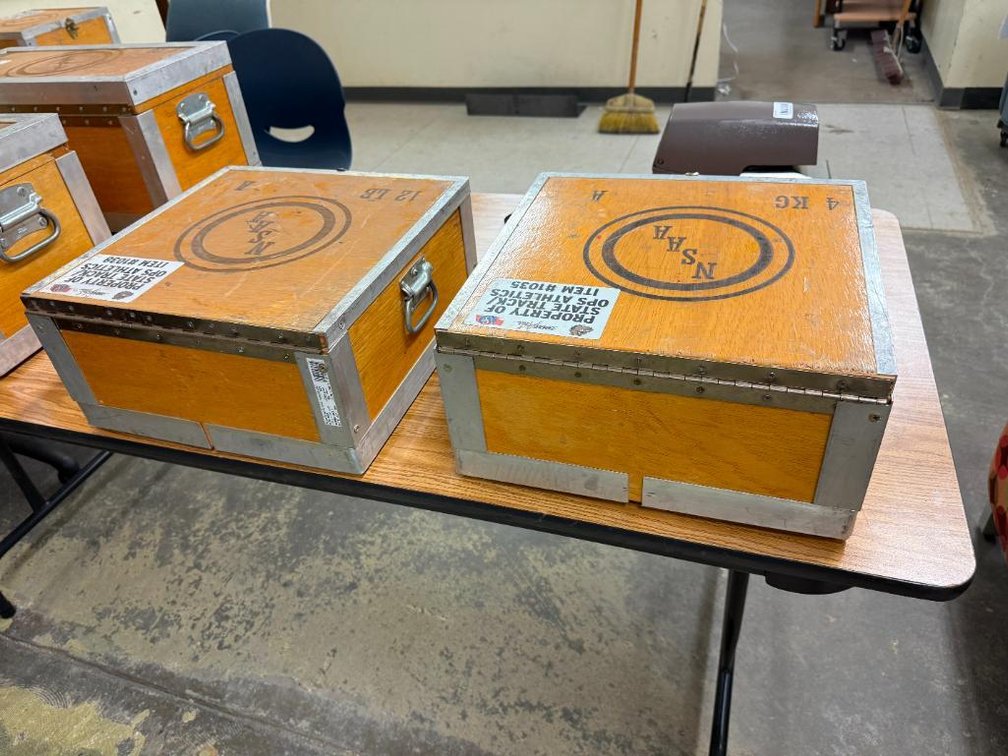 Lot of 2, Vintage Wood/Aluminum Industrial Track & Field Supply Boxes