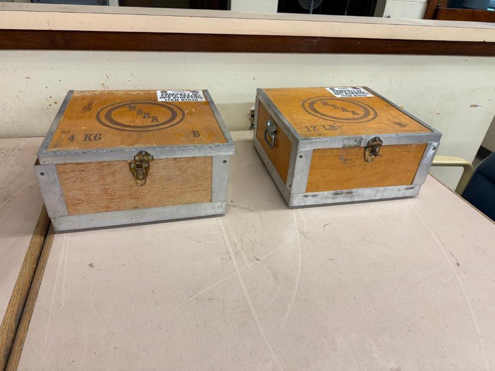 Lot of 2, Vintage Wood/Aluminum Industrial Track & Field Supply Boxes