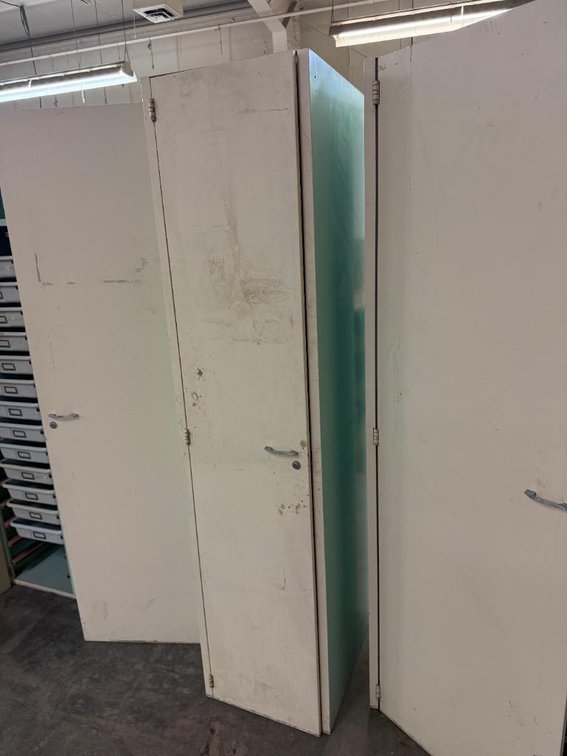 One-Door Metal Storage Cabinet w/ Pull-Out Trays, 77in x 18in x 25in