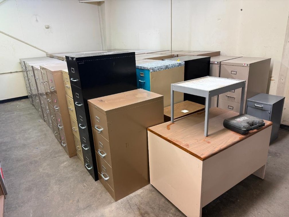 Lot of 44+- Metal File Cabinets, Desks, Tables, Most are 4 Drawer, All for One Bid