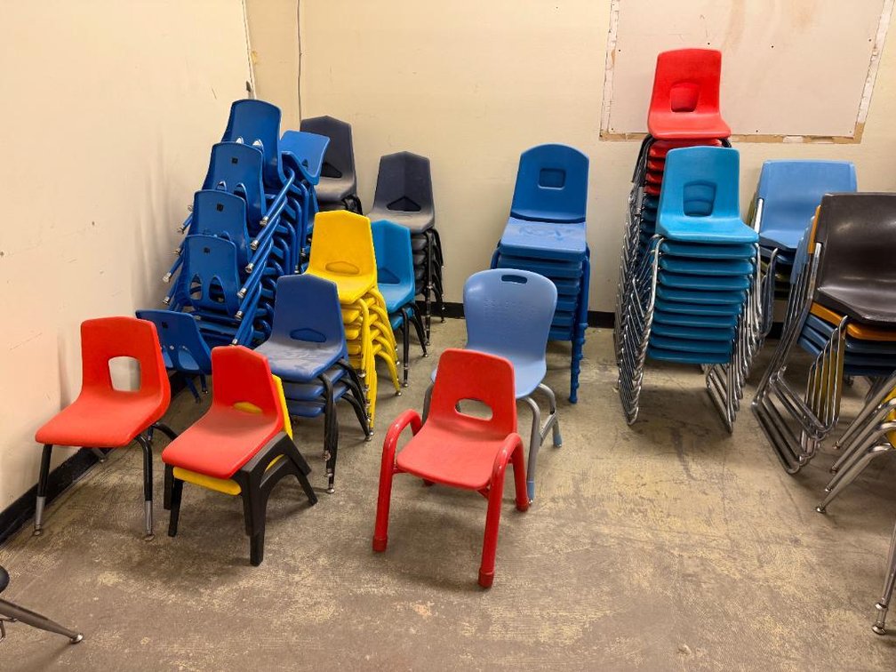 Lot of 75 Molded Plastic Children's School Chairs, Stacking, All for One Bid