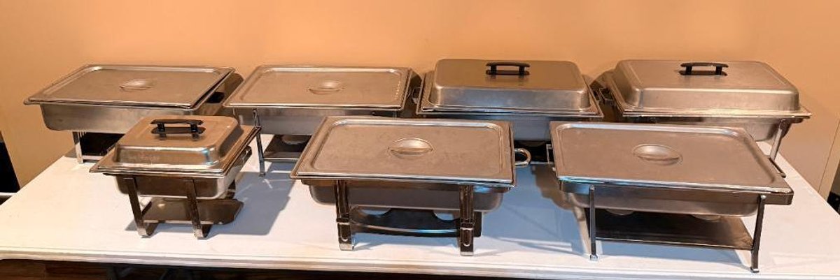 7 Catering Chafing Pan Sets, Stand, Lid, Full-Size Pan and Full-Size Insert Pan, 6 Full-Size, 1 Half-Size
