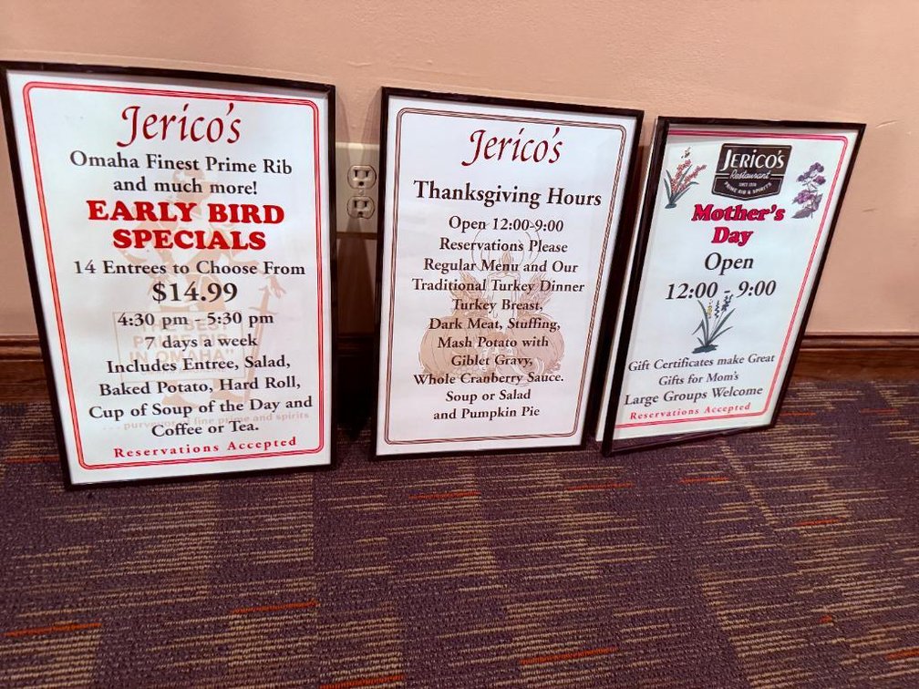 Three Jerico's Signs, Prime Rib Early Bird, Thanksgiving and Mother's Day