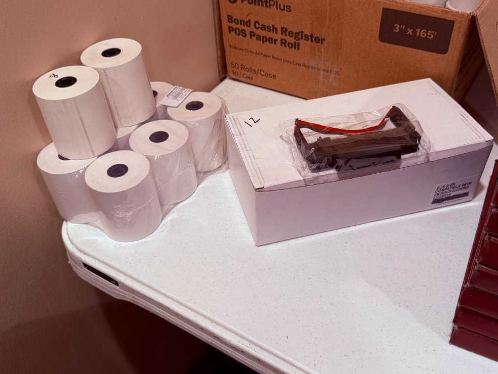 8 Rolls of 3-1/8in x 230ft Thermal Receipt Paper Rolls & 12  Black & Red Ink Ribbon Cartridges