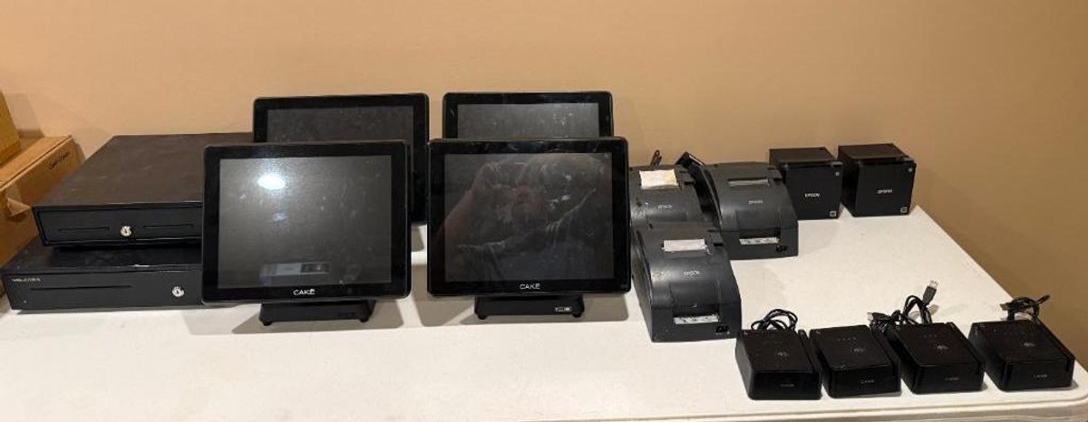 Group of CAKE POS Equipment, 4 Monitors, Cash Drawers, Printers