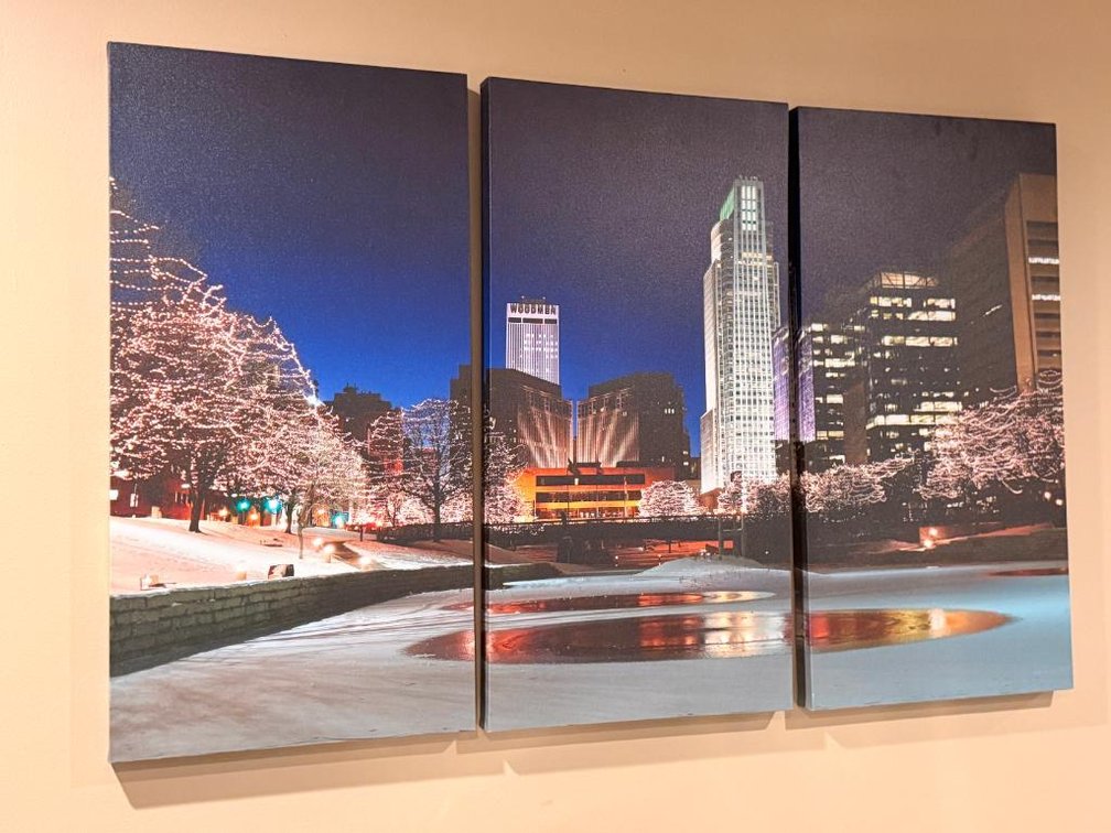 3-Piece Downtown Omaha Wrapped Canvas Photograph Print Set - Christmas Time - 29in x 15in x 3in