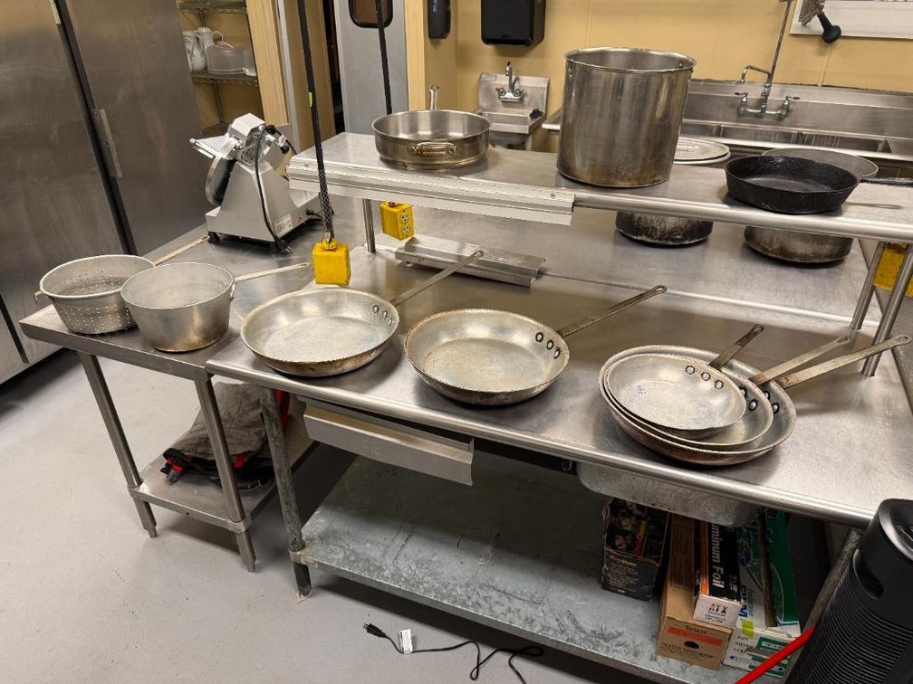 Group of Commercial Fry Pans Skillets and Sauce Pans, Strainer, See Images for Detail