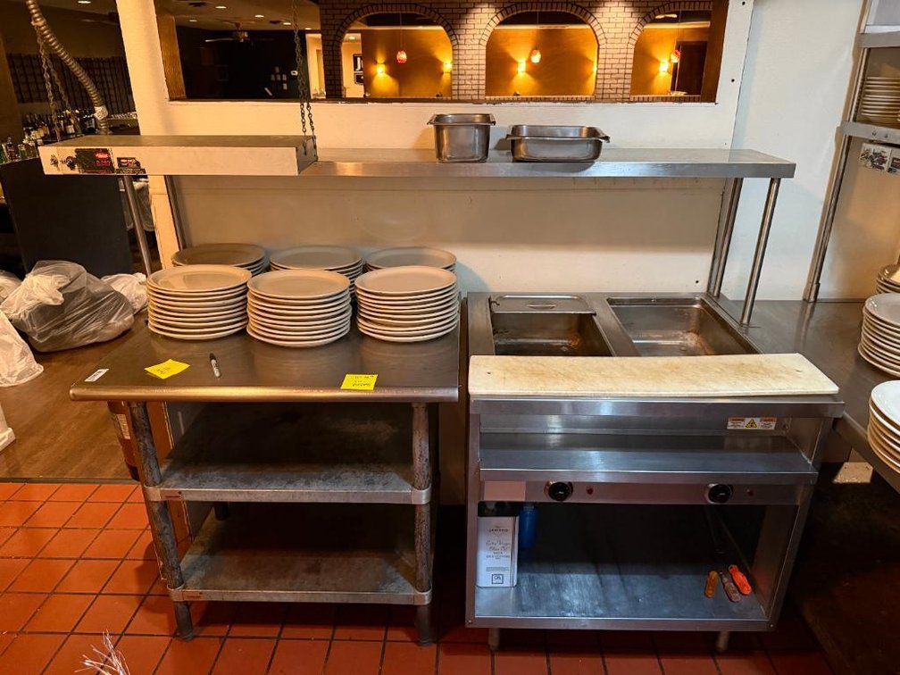 Commercial Kitchen Steam Table and Prep Table Work Space w/ Upper Shelving