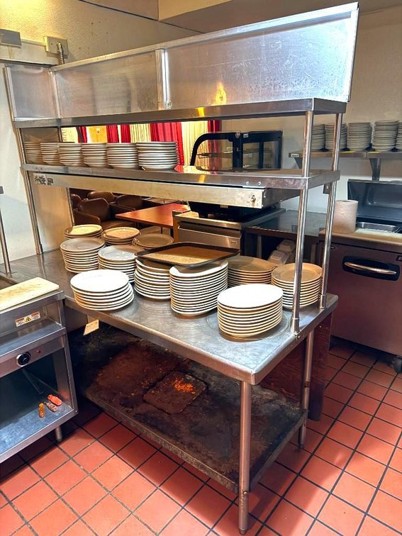Commercial Kitchen Service Line Station w/ Prep Area, Storage, Warming Lamp & Upper Shelf 72in