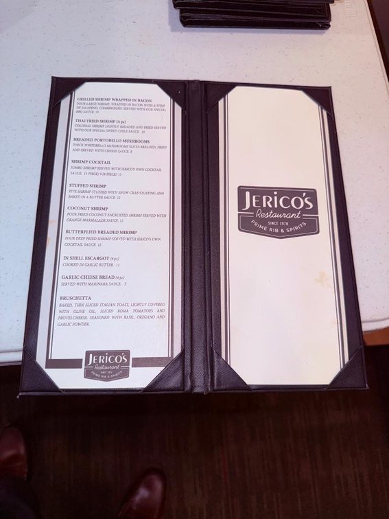 Jerico's Restaurant Paper Menu in Bi-Fold Menu Book
