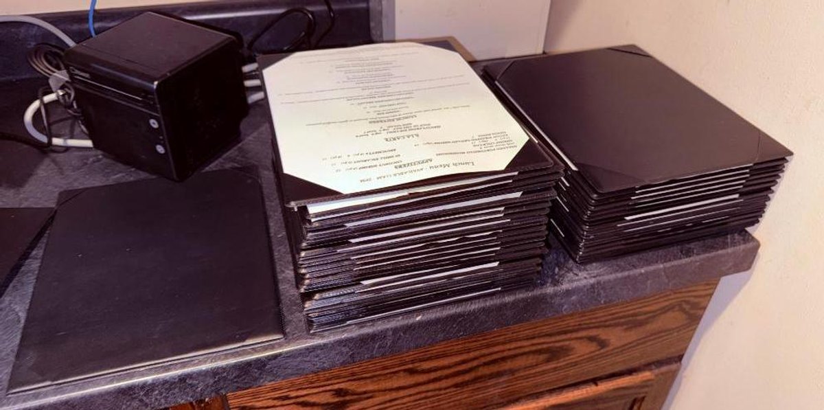 Stack of Single Sided Restaurant Menu Tablets w/ Jerico's Paper Menu Inserts