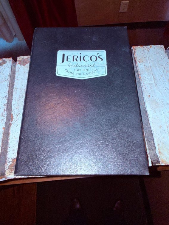 Jerico's Restaurant Menu with Jerico's White  & Maroon Graphics on Front, Jerico's Paper Menu Inserts