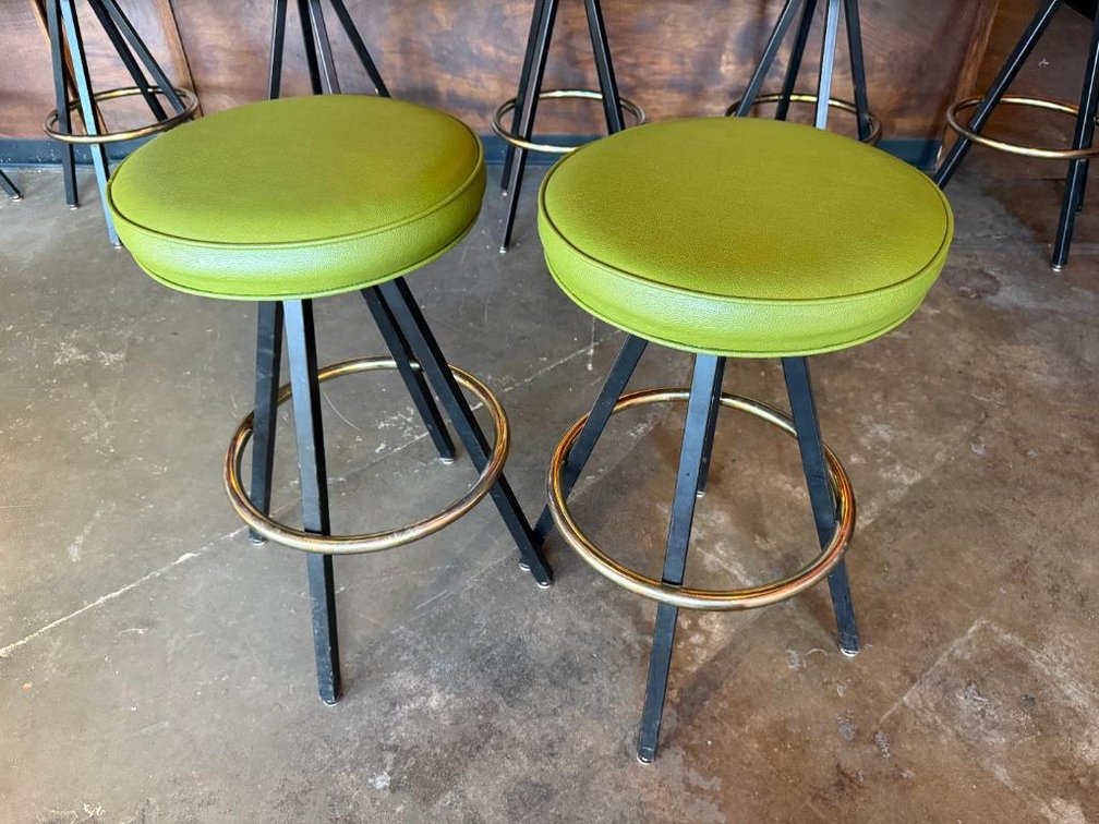 Two, Swivel Bar Stools, Padded Green Vinyl Swivel Seat, Metal Frame, Gold Tone Foot Rest
