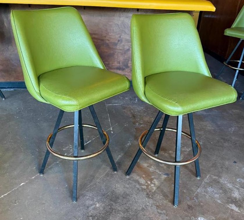 Two, High-Top Swivel Pub Chairs, Barrel Seat, Metal Frame, Gold Tone Foot Rest