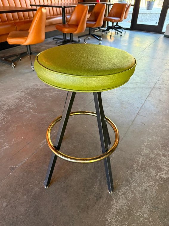 Two, Swivel Bar Stools, Padded Green Vinyl Swivel Seat, Metal Frame, Gold Tone Foot Rest