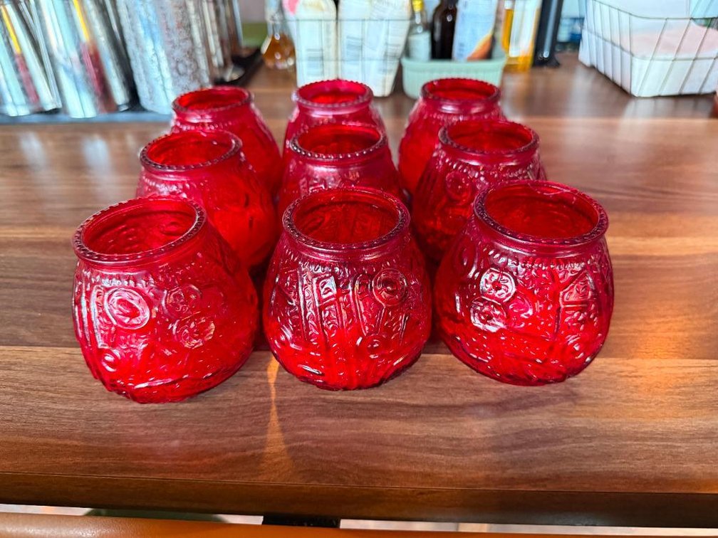 Lot of 9, Red, Embossed, Retro-Style Glass Candle Holders