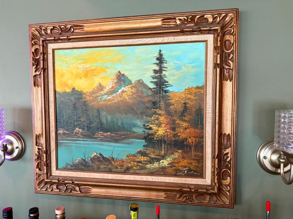 Mid-Century Modern Landscape Oil Painting by G. Williams in Original Gold-Tone Frame