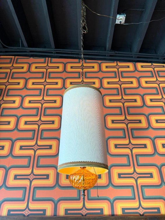 Vintage Mid-Century Modern Hanging Swag Lamp w/ Textured Cylindrical Shade, Amber Globe