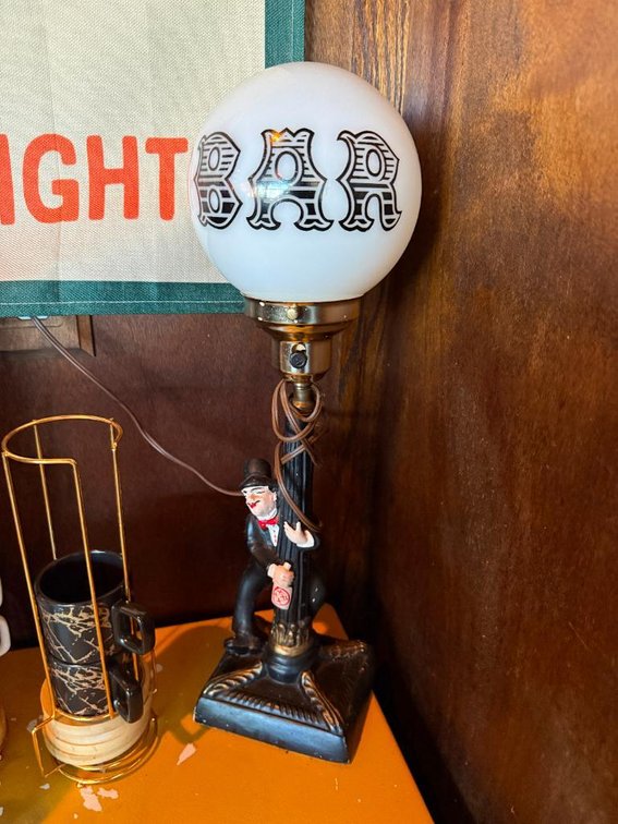 Vintage Style Mid-Century Novelty Bar Lamp w/ Bar Globe & Drunk Man on Light Post, Figural