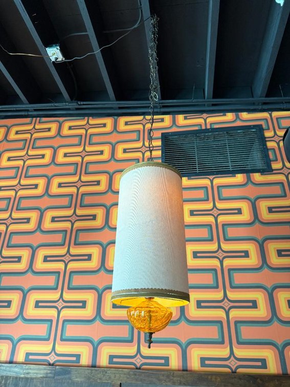 Vintage Mid-Century Modern Hanging Swag Lamp w/ Textured Cylindrical Shade, Amber Globe