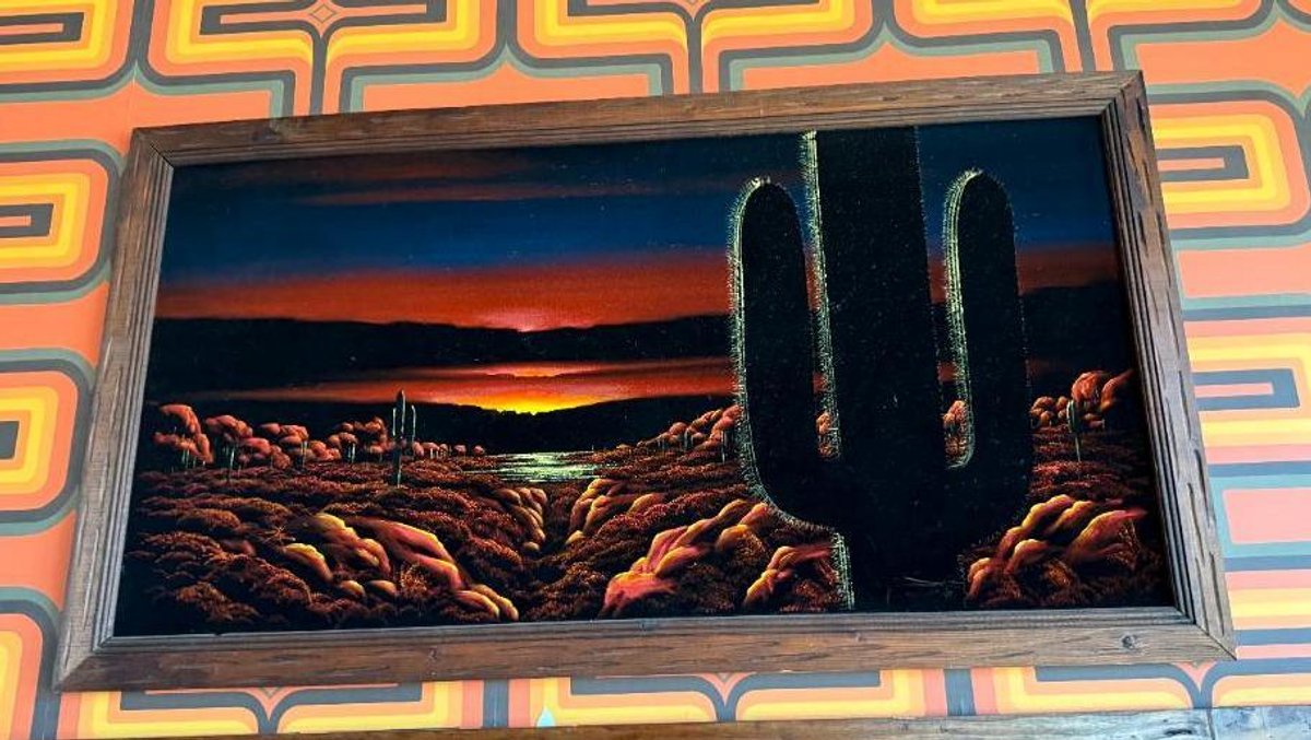Vintage Black Velvet Paining Desert Sunset w/ Period Frame, 52in x 28in
