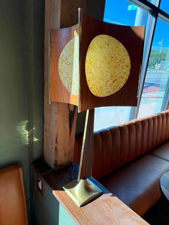 Vintage Mid-Century Modern Table Lamp w/ Square Convex Wood w/ Retro Fiberglass Panel