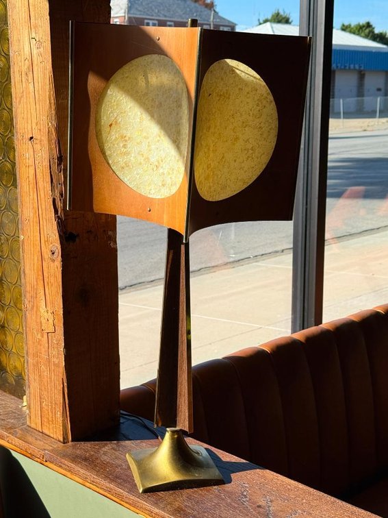 Vintage Mid-Century Modern Table Lamp w/ Square Convex Wood w/ Retro Fiberglass Panel