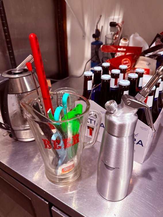 Metal Whip Cream Dispenser, Glass Drink Pitcher w/ Some Bar Supplies