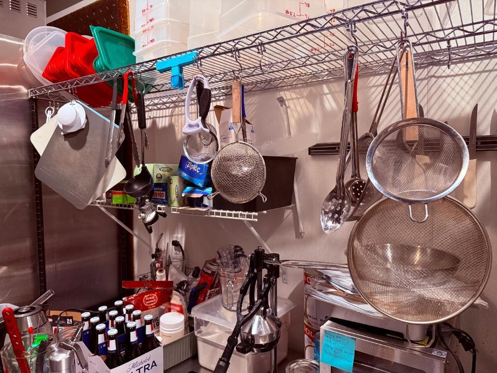 Group of Kitchen Supplies and Utensils, Strainers, Cutting Boards, Utensils