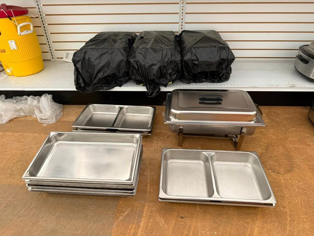Lot of Four, Full-Size Chafing Pan Sets w/ Divided and Open Full-Size Pans, w/ Extra Pans