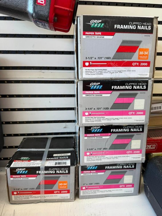 Grip Fast Framing Nail Inventory, 1 Sealed Case, 4 Near Full Partial Cases