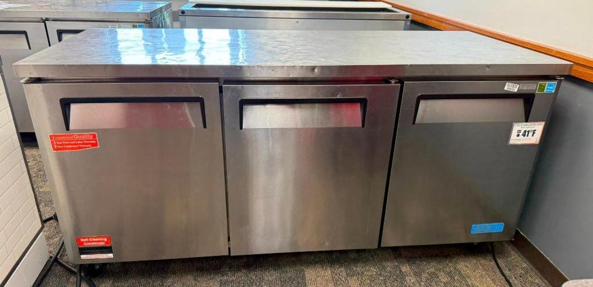 Turbo Air MUR-72, 72in, 3-Door, 3-Section Worktop Refrigerator on Mobile Base