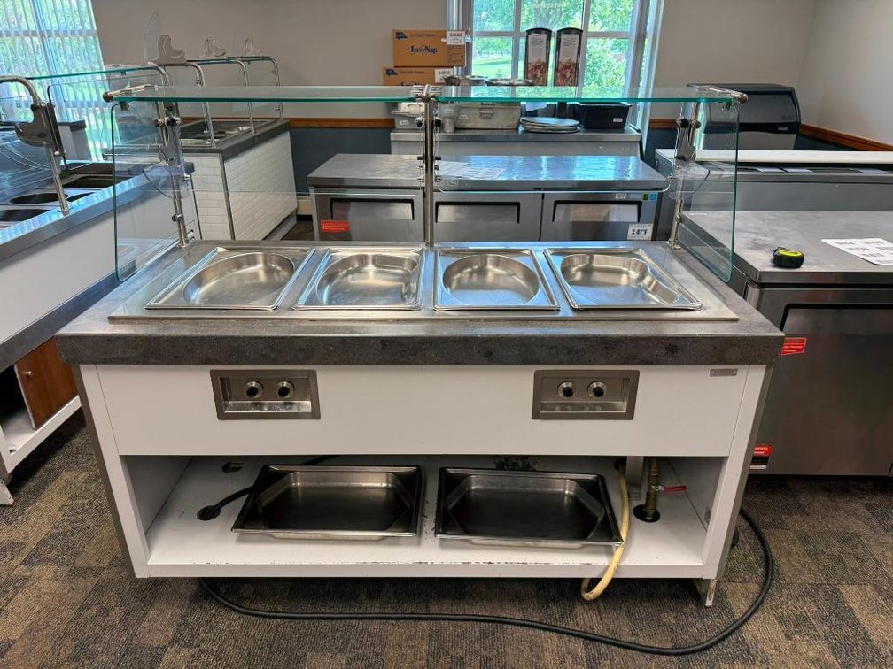 Duke Model DC-TST-74PG, 4-Pan, 4-Well Electric Steam Table / Buffet w/ Sneeze Guard, Mobile Base & Surround