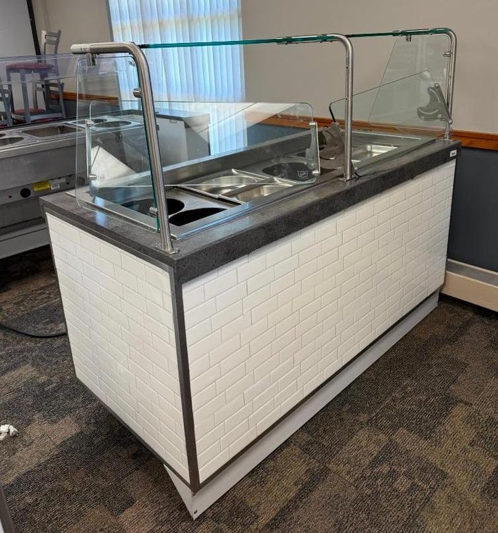 Duke Model DC-TST-74PG, 4-Pan, 4-Well Electric Steam Table / Buffet w/ Sneeze Guard, Mobile Base & Surround