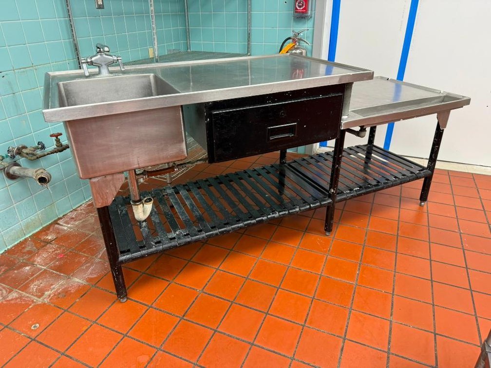 Commercial Wash Sink, Prep Table, Lower Storage  w/ Low Side Table, Kitchen Unit, 79in Wide w/ Drawer