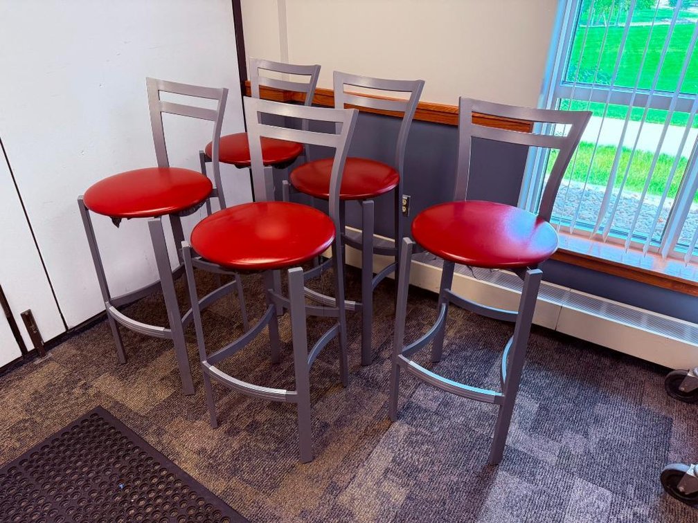 Lot of 5, MTS Bar Stools, Red Cushion Seat, Metal Frame and Back, VG Condition