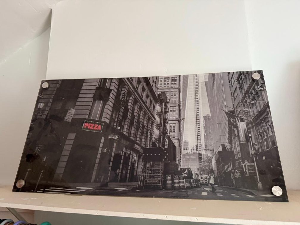 Black & White New York Photograph w/ Pink Neon Pizza in Image, Framed Under Plexiglass w/ Mounts, Approx 32in x 20in