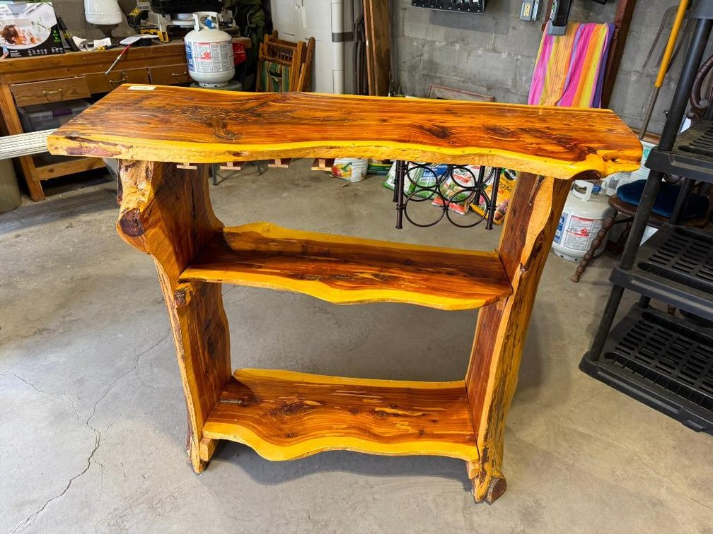 Live Edge Wood Bar w/ Stemware Rack, Wine Rack, Two Lower Shelves, 49in w x 45in h