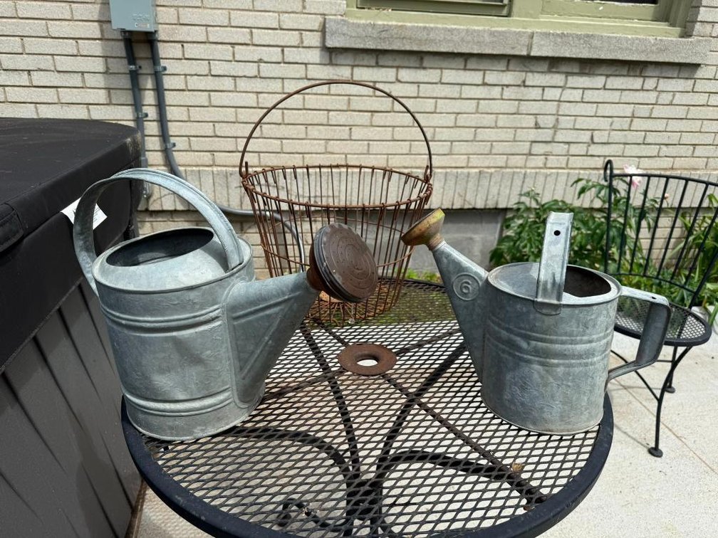 Vintage Primitives, Wire Egg Basket and Two Watering Cans
